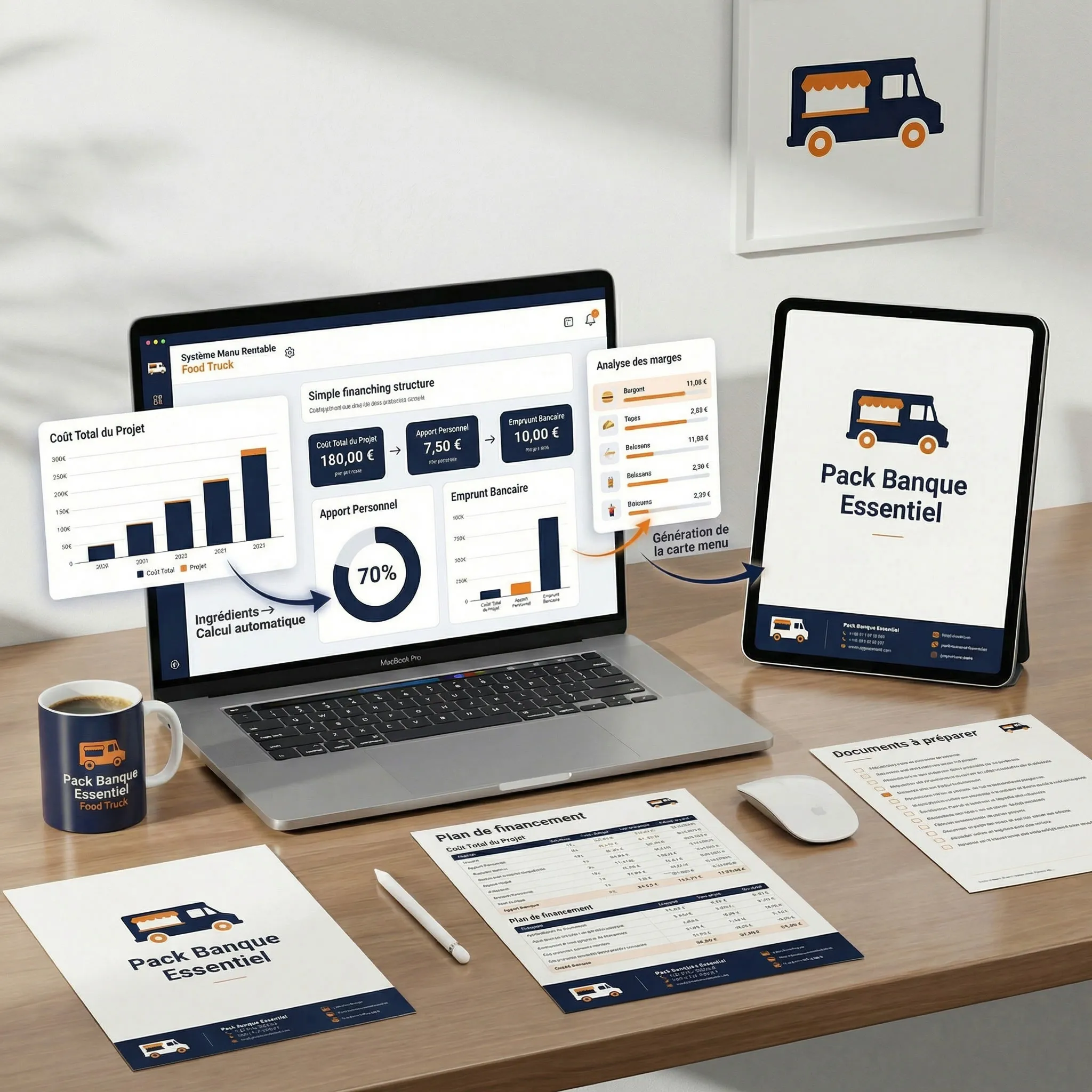 Mockup Pack Banque Essentiel — coût total du projet, plan de financement, apport personnel et emprunt bancaire