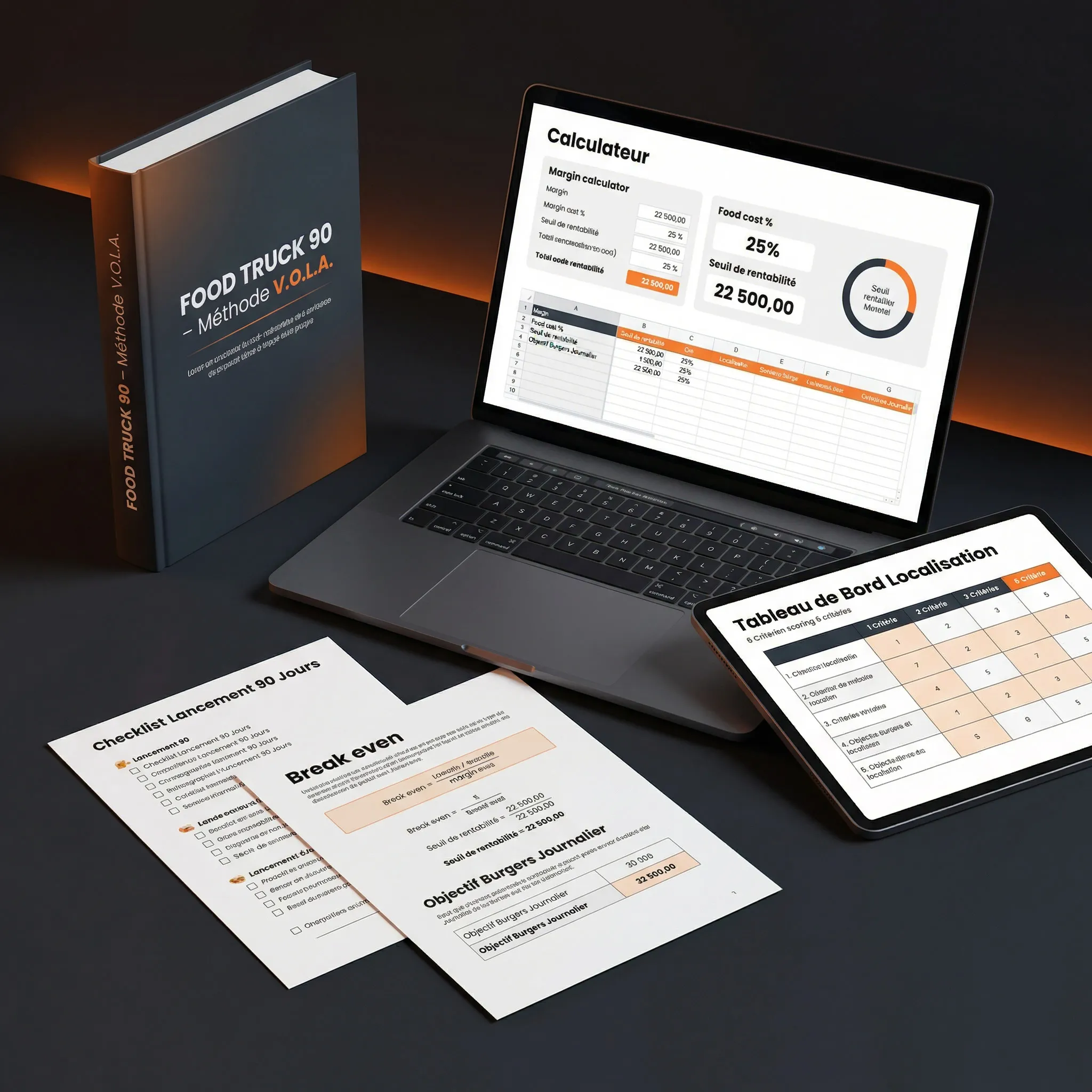 Mockup produit Guide Food Truck 90 — livre Méthode V.O.L.A, MacBook avec calculateur de marge et seuil de rentabilité, tablette avec grille de notation des emplacements, checklists Lancement 90 jours